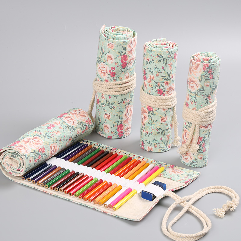 Pen Pouch Roll - Piórnik zwijany z płótna w kwiaty,